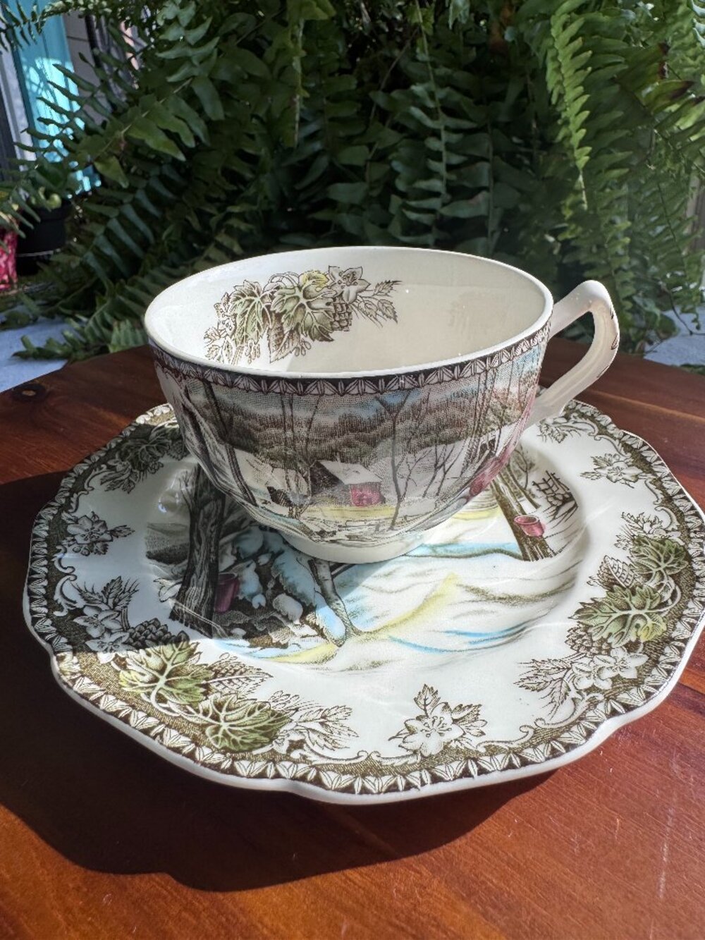 Vintage Johnson Brothers "Friendly Village" Ice House Winter Tea Cup with Saucer